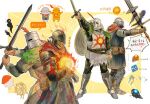  2boys arm_up armor belt belt_pouch black_pants blood blood_on_clothes blue_tunic brown_belt chinese_commentary chosen_undead clenched_hand commentary_request cybfaazx8lyvkca dark_souls_(series) dark_souls_i english_commentary english_text fire full_body gloves helm helmet highres holding holding_sword holding_weapon knight long_sleeves male_focus mixed-language_commentary monster multiple_belts multiple_boys outstretched_arm outstretched_arms pants plume pouch red_scarf scarf shield shield_on_back skeleton solaire_of_astora speech_bubble standing sword tabard translation_request tunic weapon 