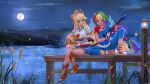  2girls :d ^_^ absurdly_long_hair absurdres ahoge alternate_skin_color animal_ears ankle_socks applejack applejack_(equestria_girls) belt blonde_hair blue_hair blue_pants blue_skirt blue_wings boots bracelet brown_belt brown_boots chinese_commentary closed_eyes collared_shirt commentary_request contrast_collar crossed_legs cutie_mark denim denim_skirt dock electric_guitar freckles full_moon grass green_eyes green_hair green_trim guitar hair_tie high_heel_boots high_heels highres holding holding_guitar holding_instrument horse_ears instrument jewelry kewoshixiaodaia knee_boots knee_up knees_apart_feet_together lake lantern light_particles long_hair looking_at_another low-tied_long_hair miniskirt moon mountain multicolored_hair multiple_girls music my_little_pony my_little_pony:_equestria_girls my_little_pony:_friendship_is_magic night night_sky open_mouth orange_hair outdoors pants playing_guitar playing_instrument purple_hair raglan_sleeves rainbow_dash rainbow_dash_(equestria_girls) rainbow_hair red_hair red_shoes reeds shirt shoes sitting skirt sky smile socks sparkle streaked_hair t-shirt very_long_hair white_shirt white_socks wings 