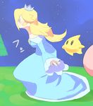  1girl blonde_hair chiko_(mario) crown dress hair_over_one_eye kirby kirby_(series) long_dress long_hair long_sleeves mario_(series) poo rosetta_(mario) slouching solid_oval_eyes space super_mario_bros. super_mario_galaxy super_smash_bros. 