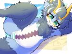 !dodn 4:3 4_ears :3 antennae_(anatomy) anthro aquatic_gastropod bangs beach beach_background bikini black_body black_fur black_hair blue_body breasts clothing colored_nails curly_hair erro_(!dodn) female fur fur_tuft gastropod green_eyes green_nails hair hi_res marine markings micro_bikini mollusk multi_ear nails navel sea_snail short_hair slightly_chubby small_breasts snail solo spread_legs spreading swimwear thick_thighs tuft two-piece_swimsuit white_body wide_hips