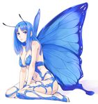 antennae arm_support bangs bare_shoulders between_legs blue blue_eyes blue_hair blue_nails blue_wings blunt_bangs breasts butterfly_wings cleavage expressionless fairy feet hand_between_legs large_breasts lips long_hair looking_at_viewer nail_polish navel original saba_no_misoni_(doddosi) simple_background sitting solo toenail_polish toes v_arms wariza white_background wings 