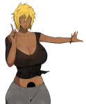  1girl black_shirt bleach blonde_hair breasts cleavage dark-skinned_female dark_skin dr_octojuice facial_mark green_eyes grey_pants hair_between_eyes highres hole huge_breasts index_finger_raised lips outstretched_hand pants shirt side-tie_shirt spiked_hair tier_harribel tight_clothes tight_pants white_background 