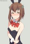  animal_ears bare_shoulders blush breasts brown_eyes brown_hair bunny_ears bunnysuit cleavage embarrassed grey_background headband highres kantai_collection kurowan short_hair simple_background small_breasts smile solo taihou_(kantai_collection) twitter_username wavy_mouth 