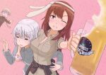  3girls aila_paivikki_linnamaa alcohol beer blonde_hair blue_eyes blue_jacket braid breasts brown_hair closed_eyes emblem grace_maitland_steward green_jacket hairband holding holding_jar jacket jar keicha_(kmoekaki) large_breasts luminous_witches lyudmila_andreyevna_ruslanova military military_uniform multiple_girls one_eye_closed open_mouth red_hair shirt short_hair simple_background standing sweat twin_braids white_hair world_witches_series 