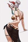  1girl ass bare_shoulders bikini black_sarong breasts cowboy_shot earrings from_behind gold_bikini green_hair grey_background grey_hair hair_bun highres horns jewelry large_breasts looking_at_viewer multicolored_hair one_piece prixmal red_eyes sarong simple_background solo swimsuit two-tone_hair yamato_(one_piece) 