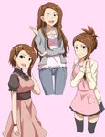  :d ;d alternate_hairstyle apron black_legwear brown_hair casual cropped_legs dress idolmaster idolmaster_(classic) lieass long_hair minase_iori older one_eye_closed open_mouth pants pink_background pleated_skirt red_eyes skirt smile thighhighs variations 
