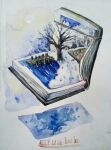  artist_name bare_tree blue_sky book chinese_commentary cloud commentary_request dated dock floating grass kong_tiao_bo_zi lake no_humans object_focus open_book original painting_(medium) photo_(medium) sky snow sun traditional_media tree watercolor_(medium) winter 