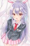  1girl animal_ears black_jacket blazer blush breasts collared_shirt commentary crescent crescent_pin hashtag-only_commentary highres jacket long_hair long_sleeves looking_at_viewer necktie open_mouth orange_eyes pink_skirt pleated_skirt purple_hair rabbit_ears rabbit_girl red_eyes red_necktie reisen_udongein_inaba shirt skirt smile solo touhou twitter_username very_long_hair watermark white_shirt yuiki_(cube) 