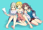  :3 :d ahoge anko_(nanzo) aqua_background bad_id bad_pixiv_id bangs bare_shoulders barefoot blonde_hair blue_eyes blush breasts brown_eyes brown_hair cleavage clothes_writing collarbone earrings eyelashes feet girl_sandwich green_eyes holding holding_paper hood hoodie ichinose_shiki idolmaster idolmaster_cinderella_girls jacket jewelry legs long_hair long_legs medium_breasts miyamoto_frederica multiple_girls one_eye_closed open_mouth paper sandwiched shiomi_shuuko shirt short_hair shorts silver_hair simple_background sitting small_breasts smile strap_slip t-shirt tank_top 