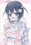  1girl 2000s_(style) ahoge aiiares bag_charm bandaid blue_bag blue_eyes blue_hair cameo cat character_charm charm_(object) child commentary commission faux_retro_artstyle food fruit glasses heisei_retro highres jacket kaomoji korilakkuma long_sleeves looking_at_viewer onigiri original pink_jacket san-x school_uniform serafuku short_hair solo strawberry stuffed_animal stuffed_toy symbol-only_commentary tamagotchi tamagotchi_(virtual_pet) tamagotchi_on teddy_bear track_jacket two_side_up upper_body watermark 