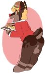  alpha_channel anthro backsack balls blonde_hair bottomless brown_fur burger butt canine clothed clothing dog food fries fur hair hat iroxykun looking_back male mammal open_mouth perineum red_fur red_nose red_tongue shirt simple_background solo teeth transparent_background 