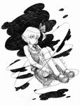  ascot blouse darkness greyscale hair_ribbon highres kneehighs knees_to_chest leg_hug looking_at_viewer mary_janes matumasima monochrome ribbon rumia shoes short_hair side_ponytail sitting skirt solo touhou vest 