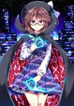  bow brown_eyes brown_hair building cape card clothes_writing e.o. glasses glowing hat hat_bow highres holding long_sleeves looking_at_viewer night night_sky plaid plaid_shirt plaid_skirt red-framed_eyewear shirt skirt sky skyscraper smile solo touhou tsurime usami_sumireko zener_card 