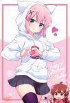  2girls animal_hood black_skirt chiyoda_momo closed_mouth green_eyes hair_ornament happy_birthday heart heart_hands highres hood hood_up hooded_sweater long_sleeves looking_at_viewer machikado_mazoku miniskirt mukaibi_aoi multiple_girls pink_hair pleated_skirt purple_thighhighs short_hair signature skirt solo_focus sweater thighhighs white_sweater x_hair_ornament yoshida_yuuko_(machikado_mazoku) zettai_ryouiki 