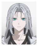  1boy aqua_eyes armor border closed_mouth collarbone commentary cropped_torso curtained_hair expressionless final_fantasy final_fantasy_vii gongju_s2 grey_hair hashtag-only_commentary high_collar long_hair male_focus pauldrons sephiroth shoulder_armor slit_pupils solo straight-on white_border wing_collar 