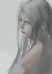  1boy closed_mouth commentary curtained_hair final_fantasy final_fantasy_vii green_eyes grey_background grey_hair hashtag-only_commentary highres long_hair looking_ahead male_focus nude parted_hair riovvvvvvovo sephiroth signature simple_background solo upper_body very_long_hair 
