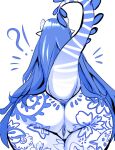2023 blue_hair butt cherusdoodles dede_(cherusdoodles) demon demon_humanoid exclamation_point female floral_pattern floral_print genitals gzhel hair horn horned_humanoid humanoid long_hair nude nude_female nude_humanoid presenting presenting_hindquarters pussy question_mark raised_tail rear_view slightly_chubby slightly_chubby_female slightly_chubby_humanoid tail tampography thick_thighs