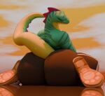 2025 3d_(artwork) anaroth anthro big_butt black_bottomwear black_clothing black_shorts bottomwear butt clothed clothing digital_media_(artwork) english_description epic_games eyes_closed footwear fortnite green_body green_scales hi_res lizard lizzik_(fortnite) male mouth_closed orange_clothing orange_footwear orange_shoes rear_view reptile scales scalie shoes shorts sitting solo tail topless topless_anthro topless_male