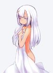  bed_sheet blue_eyes blush covering covering_breasts dark_skin grey_background horns long_hair looking_at_viewer naked_sheet nude oni_horns original pointy_ears shima_(sh1mamu) simple_background solo tan white_hair 