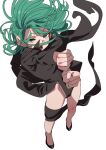  1girl black_dress clenched_hands commentary_request dress fu-ta green_eyes green_hair looking_at_viewer medium_hair one-punch_man open_mouth simple_background solo tatsumaki white_background 
