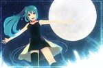  aqua_hair bare_shoulders bow dress moon night nimi open_mouth ponytail red_eyes sakimori_(hououbds) single_thighhigh solo thighhighs vocaloid 