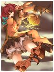  bloomers boots breasts checkered checkered_legwear elbow_gloves fang gloves halloween large_breasts mismatched_legwear original pointy_ears pumpkin red_eyes red_hair rinimi solo takase_muu thighhighs underwear wings 