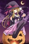  blonde_hair breasts cleavage detached_sleeves drill_hair halloween hat hayate_no_gotoku! jack-o'-lantern large_breasts long_hair moon pantyhose pumpkin red_eyes ryouta solo tennousu_athena wand witch witch_hat 