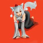  all_fours animal_ears bad_id bad_pixiv_id barefoot def_(chronowarld) fang hat highres inubashiri_momiji jpeg_artifacts red_eyes silver_hair solo tail tokin_hat touhou wolf_ears wolf_tail 