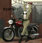  60s bikini blonde_hair camouflage copyright_name eva_(mgs) gloves ground_vehicle gun helmet highres holster logo mask metal_gear_(series) metal_gear_solid metal_gear_solid_3 motor_vehicle motorcycle naked_snake natsuhiko_(7215) navel oldschool swimsuit triumph_(motorcycle) weapon 