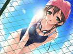  breast_squeeze breasts chain-link_fence cleavage competition_swimsuit fence game_cg goggles goggles_around_neck green_eyes highres itou_hinako kantoku large_breasts lens_flare natsu_no_ame one-piece_swimsuit open_mouth smile solo swim_cap swimsuit wet 