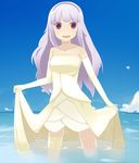  bad_id bad_pixiv_id breasts cloud day dress elbow_gloves gloves hairband idolmaster idolmaster_(classic) katakura_supipi long_hair medium_breasts purple_eyes shijou_takane silver_hair skirt_hold sky solo thighhighs wading water 