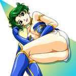  armlet ass aya_kobayashi bare_shoulders boots breasts choker cleavage earrings elbow_gloves gloves green_hair jewelry knee_boots large_breasts lying majin_go! short_hair solo super_robot_wars thigh_boots thighhighs 