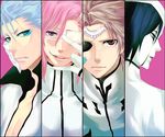  arrancar bleach blue_eyes blue_hair brown_eyes brown_hair espada eyepatch facial_mark glasses grimmjow_jaegerjaquez hands male_focus multiple_boys pink_hair red_hair szayelaporro_granz tesra_lindocruz ulquiorra_cifer yamada_(artist) 