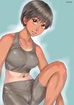  ayumu_(zenkou) bike_shorts black_hair blue_background breasts covered_nipples dated head_tilt leg_up looking_at_viewer medium_breasts navel one-piece_tan orange_eyes original parted_lips shiny shiny_clothes shiny_skin short_hair simple_background solo sports_bra tan tanline zenkou 