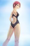  ace_online ass bad_id bad_pixiv_id blurry brown_eyes competition_swimsuit depth_of_field highres looking_back one-piece_swimsuit red_hair short_hair solo swimsuit zouni_(xavier) 