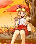  aki_minoriko autumn bangs blonde_hair blush hat kanoe_soushi reading red_eyes short_hair sitting solo touhou 