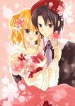  1girl black_hair blonde_hair couple dress flower hetero hug kanon_(umineko) maekawa_suu ponytail ribbon umineko_no_naku_koro_ni ushiromiya_jessica 