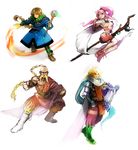  3boys blonde_hair blue_eyes braid brother_and_sister brown_eyes brown_hair final_fantasy final_fantasy_iv final_fantasy_iv_the_after gilbart_chris_von_muir harp instrument moreshan multiple_boys older palom pink_hair porom sandals scarf siblings single_braid staff wand yang_fang_leiden 