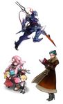  3girls armor blue_eyes blue_hair book brina cain_highwind calca doll final_fantasy final_fantasy_iv final_fantasy_iv_the_after hal_(ff4) high_heels highres luca_(ff4) moreshan multiple_boys multiple_girls older pink_hair polearm shoes spear weapon wrench yellow_eyes 