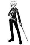  greyscale gun male_focus masn_(moxi) monochrome persona persona_3 ribbon school_uniform solo sword weapon yuuki_makoto 