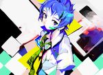  abstract bad_id bad_pixiv_id bandages blue_hair earrings jewelry original solo wea 