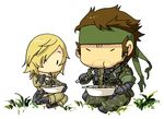  1girl bad_id bad_pixiv_id beard big_boss blonde_hair brown_hair camouflage chibi eva_(mgs) facial_hair food fork gloves headband metal_gear_(series) metal_gear_solid metal_gear_solid_3 noodles nunohashi_(shock_wave) ramen 