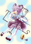  animal_ears basket capelet cheese dress eating food grey_hair highres jewelry mary_janes mouse mouse_ears mouse_tail nazrin north_abyssor pantyhose pendant red_eyes shoes short_hair solo tail touhou white_legwear 