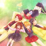  3girls black_hair blonde_hair blue_eyes brother_and_sister bug butterfly closed_eyes crown dress glasses hair_bobbles hair_ornament holding_hands insect long_hair lying maekawa_suu multiple_boys multiple_girls necktie ponytail red_hair ribbon short_hair siblings skirt smile thighhighs umineko_no_naku_koro_ni ushiromiya_ange ushiromiya_battler ushiromiya_george ushiromiya_jessica ushiromiya_maria zettai_ryouiki 