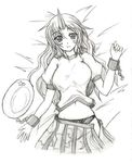  bad_id bad_pixiv_id blush bow bow_panties breasts chain cuffs eku graphite_(medium) greyscale horn hoshiguma_yuugi large_breasts long_hair lying monochrome navel panties shackles shirt skirt solo touhou traditional_media underwear undressing 