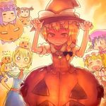  :&lt; =_= alice_margatroid blonde_hair chibi closed_eyes face fang fangs flandre_scarlet halloween hat head_wings heart heart_in_mouth jack-o'-lantern kirisame_marisa koakuma multiple_girls o_o object_on_head patchouli_knowledge pumpkin pumpkin_costume purple_hair remilia_scarlet shanghai_doll touhou yst |_| 