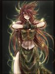  aura braid china_dress chinese_clothes cracking_knuckles crazy crazy_eyes dress fingerless_gloves gloves glowing glowing_eye hair_over_one_eye highres hong_meiling ledjoker07 long_hair red_eyes red_hair side_slit slit_pupils solo touhou 