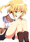  :t blonde_hair blush boots green_eyes half_updo highres mizuhashi_parsee pointy_ears pout sitting solo suna_(sunaipu) touhou 