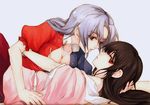  bangs black_hair blue_eyes braid breasts cleavage couple face-to-face hand_behind_head houraisan_kaguya hug imminent_kiss large_breasts long_hair looking_at_another looking_at_viewer multiple_girls no_hat no_headwear puffy_short_sleeves puffy_sleeves red_eyes short_sleeves silver_hair tima touhou untied yagokoro_eirin yuri 