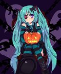  aqua_hair boots bow chain eyepatch hair_bow halloween hatsune_miku jack-o'-lantern long_hair pumpkin purple_background purple_eyes solo striped striped_legwear thighhighs tsukikusa twintails very_long_hair vocaloid zettai_ryouiki 